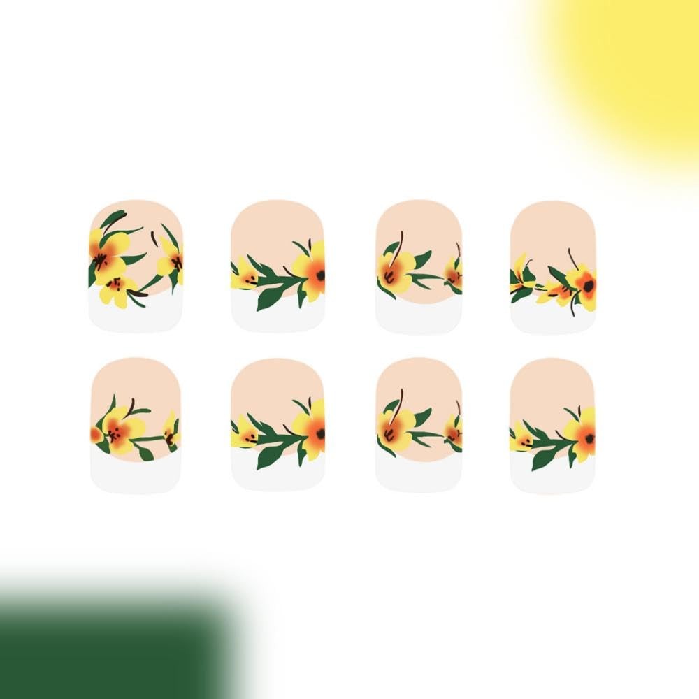 White French Tip Press on Nails Short Square False Nails – Yellow Flower Desi…