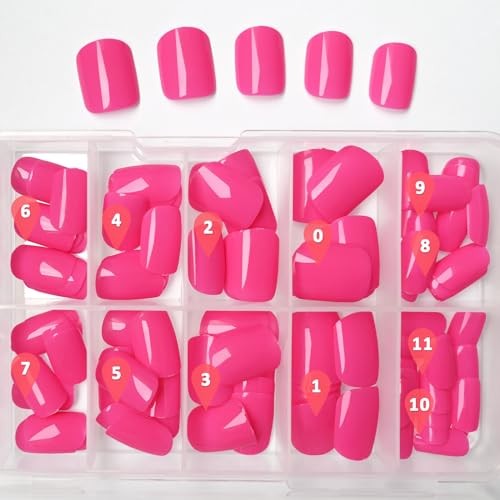 Square Press on Nails Short, 120Pcs Glossy Fake Nails Full Cover Hot Pink