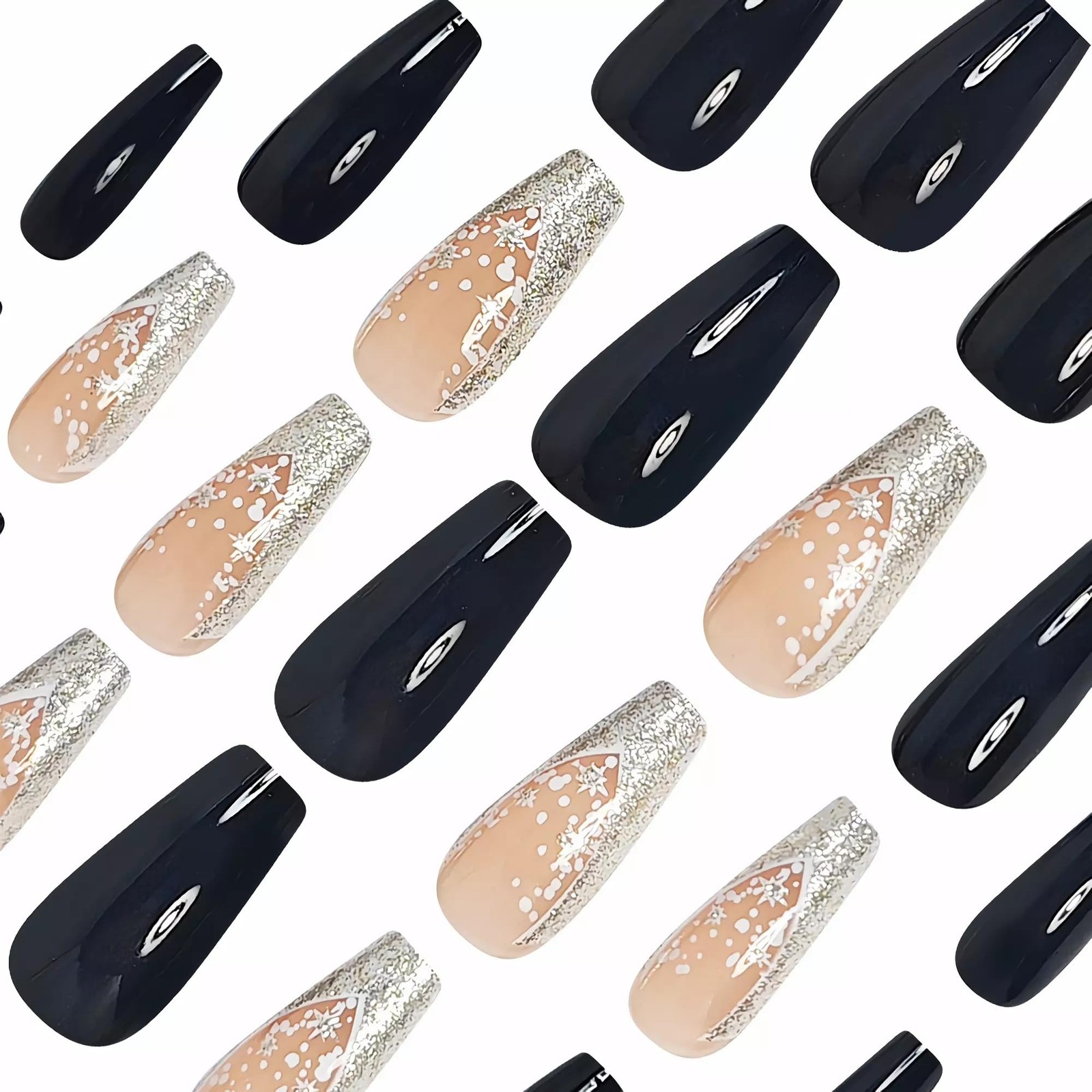 Press on Nails Long Coffin Fake Nails Black Glue on Nails Glitter Bling Shine…