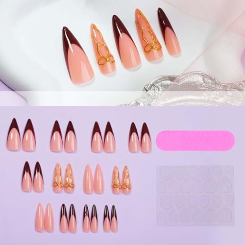 French Tip Press on Nails Long Fake Nails Stiletto False Nails with Almond HS05