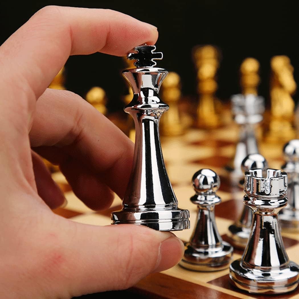 11Inch Large Deluxe Metal Chess Set – Portable Wooden 11 inches, Silver Gold