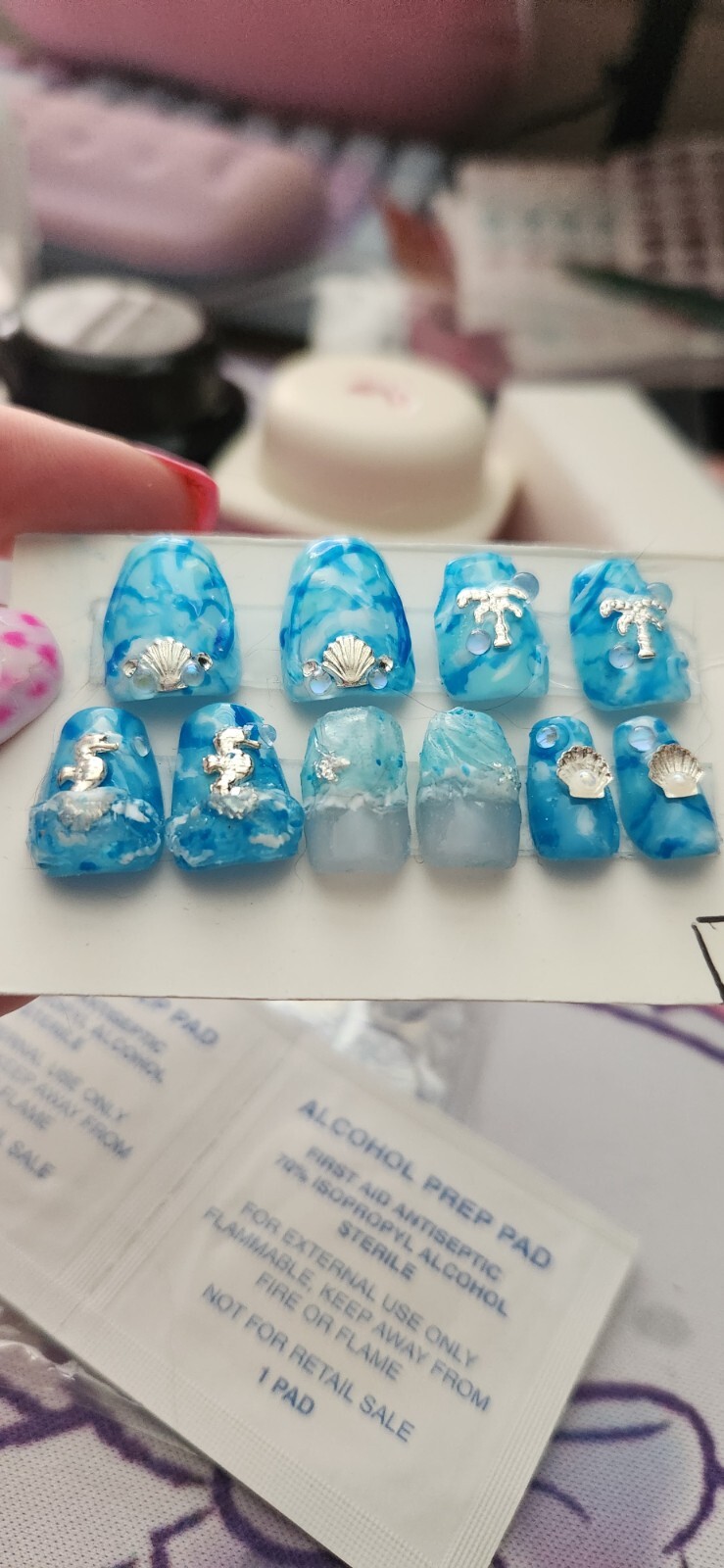 Hand Painted “Ocean Waves” theme Extra Short Coffin Press On Nails (Size M)