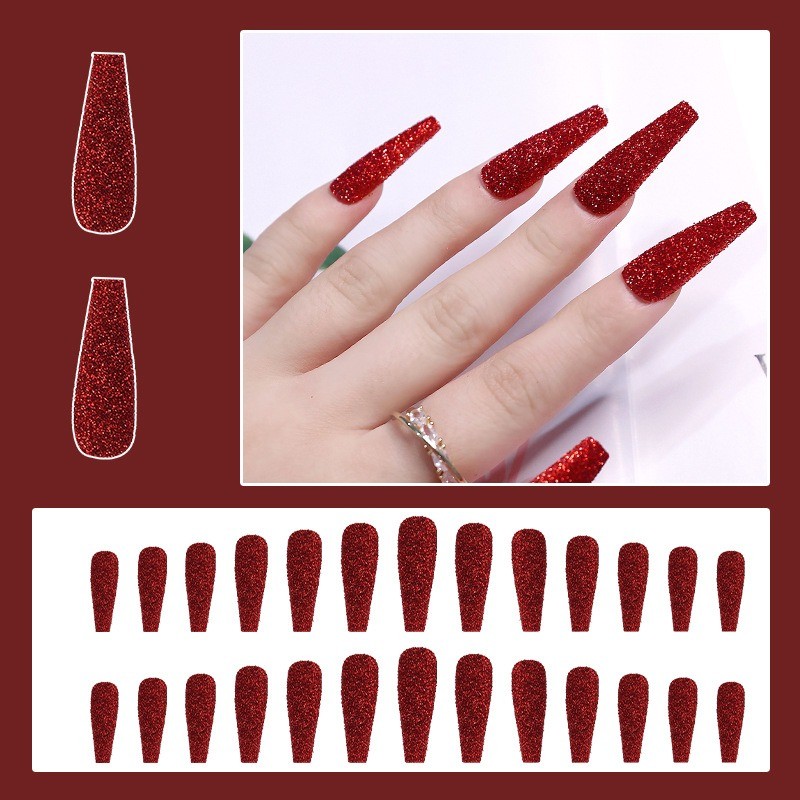 48Pcs-Red Glitter Press on Nails Long Coffin Nail Art Sparkly Solid Color