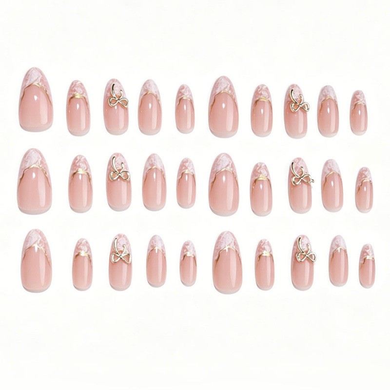 60Pcs Nude White Bow Press on Nails, Medium Almond Gold Wire Elegant Fake Nails