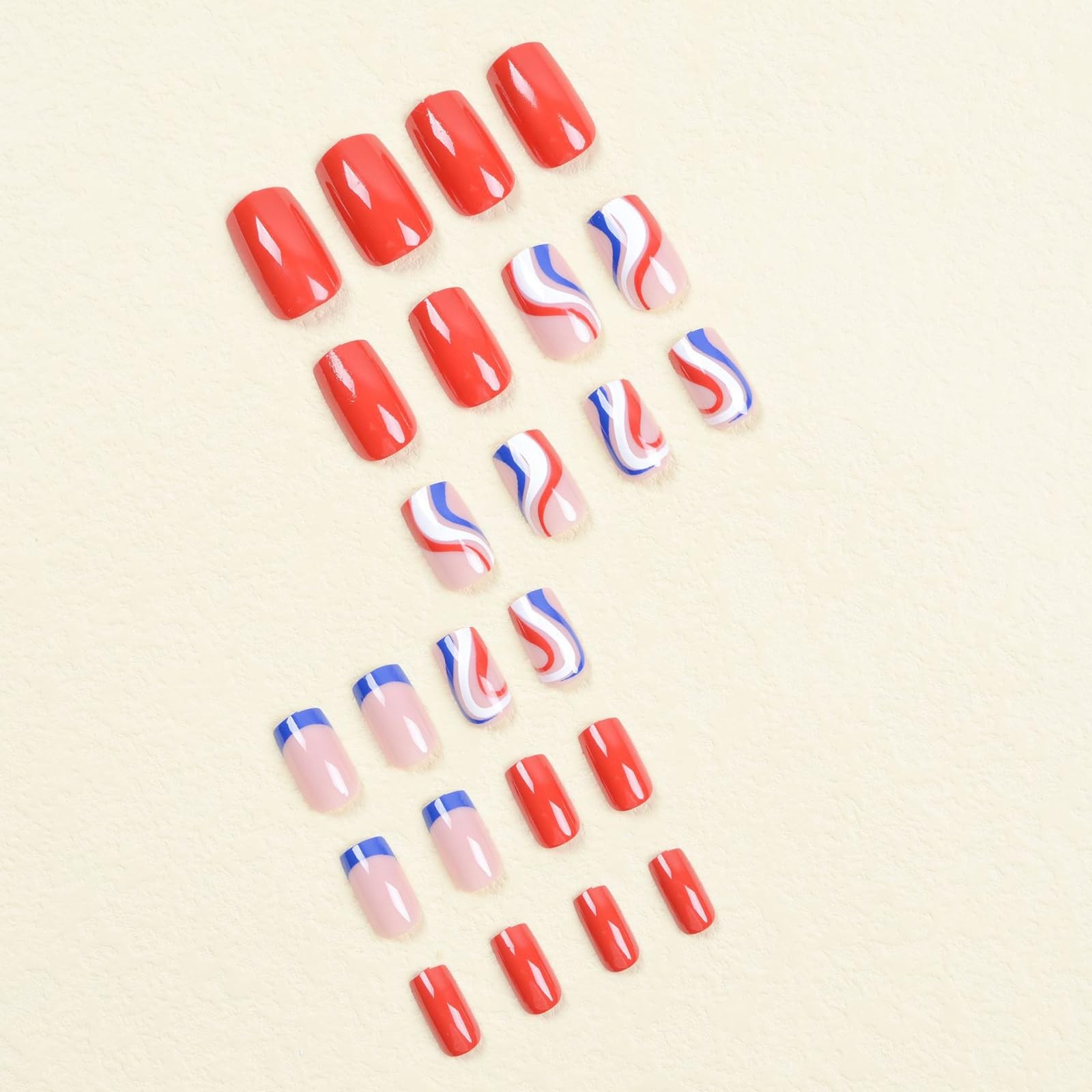 4th of July Press on Nails Short Square Fake Nails French Tip False Nails Red…
