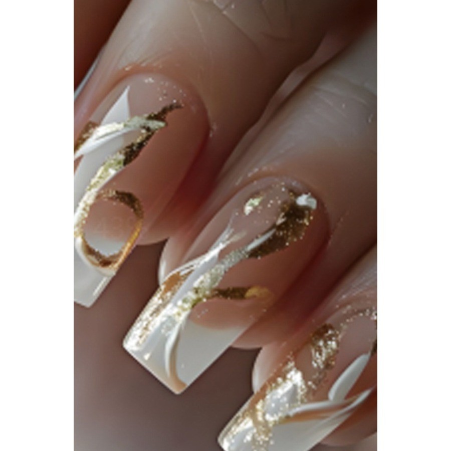 48 Pcs Gold Foil Curve French Press on Nails, Long Coffin Nude Fake Nails
