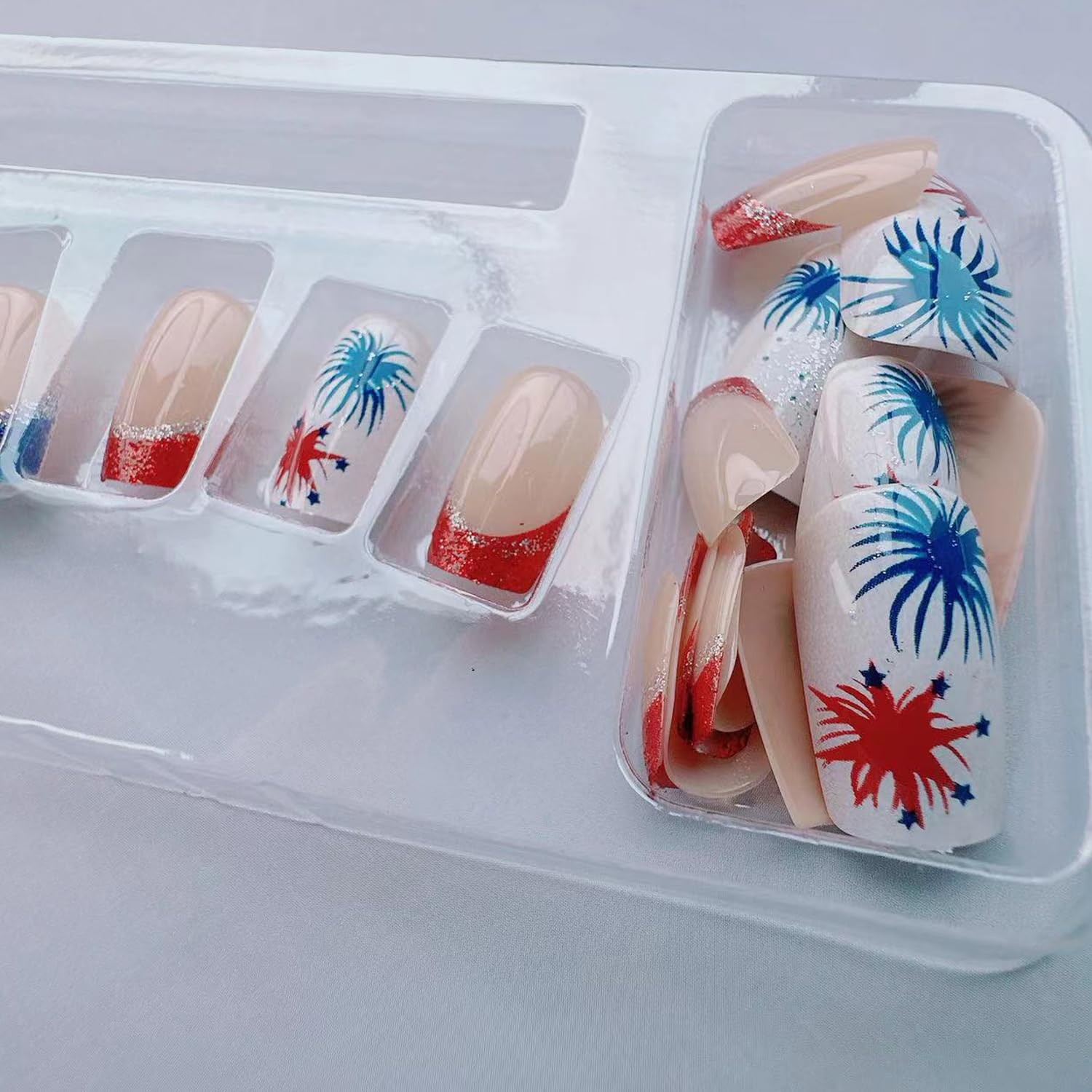 24Pcs Independence Day Fake Nails Kit – Short Square Press on Nails 4th of Ju…
