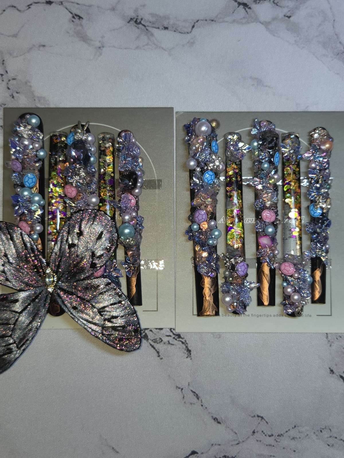 Press On Nails Medium XXXXLONG pink purple butterfly water nails.