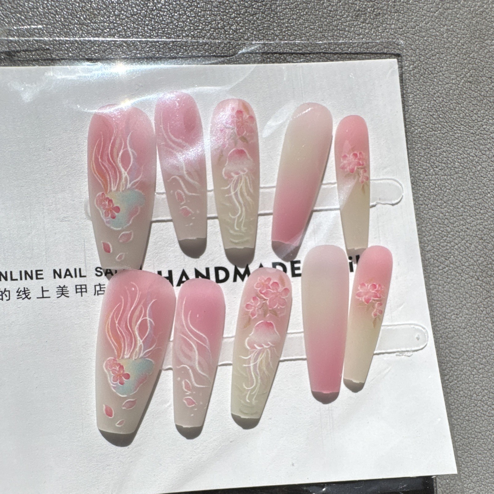 Press-On Nails Long Coffin Pink/White Ombre 3D Floral Full Cover Pre-Designed