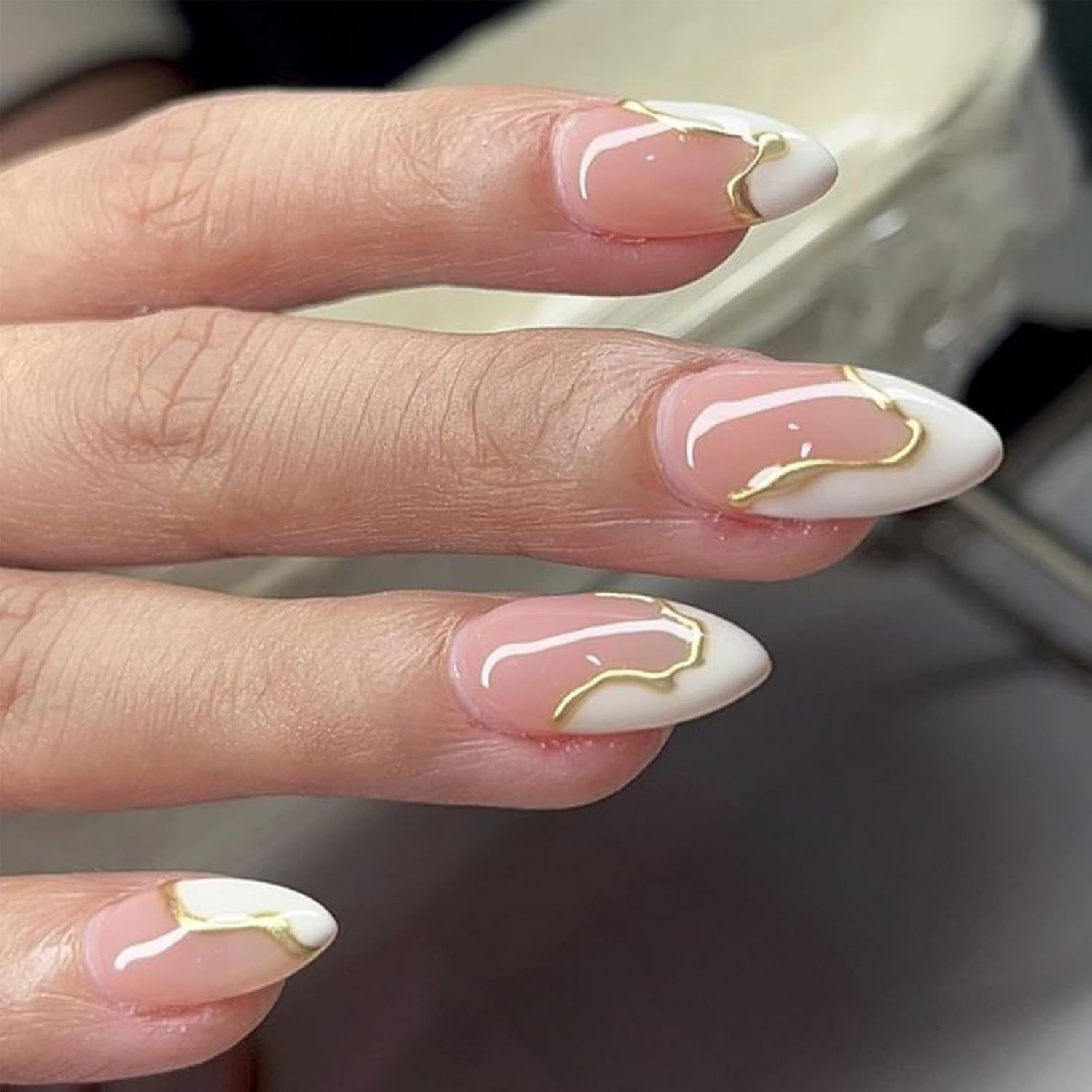 24Pcs Chrome Gold French Tip Press on Nails Short Square ABS Material False Nail