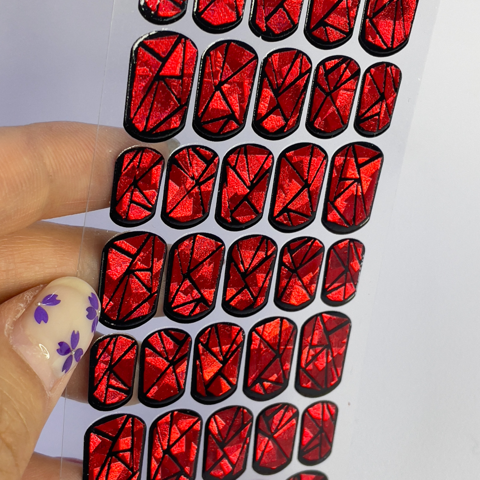 Red Holographic Nail Wraps Full Cover DIY Glass Manicure Strips Korea Beauty
