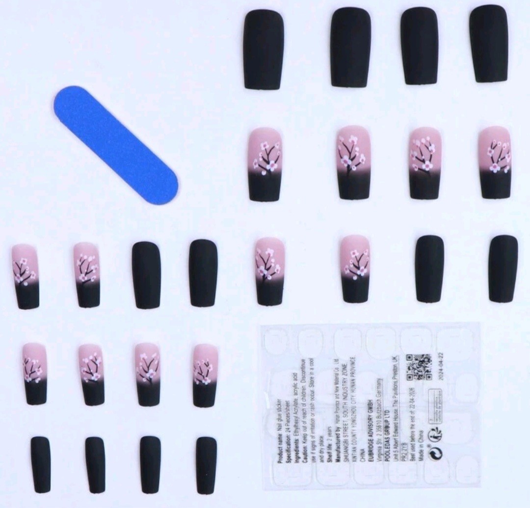 Press-On Nails Cherry Blossom Black Pink Ombre Medium/Long Coffin Matte Finish