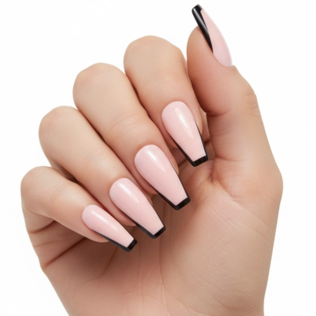 Pink Black French Tip Square Coffin Extra Long Fake Acrylic False Press On Nails