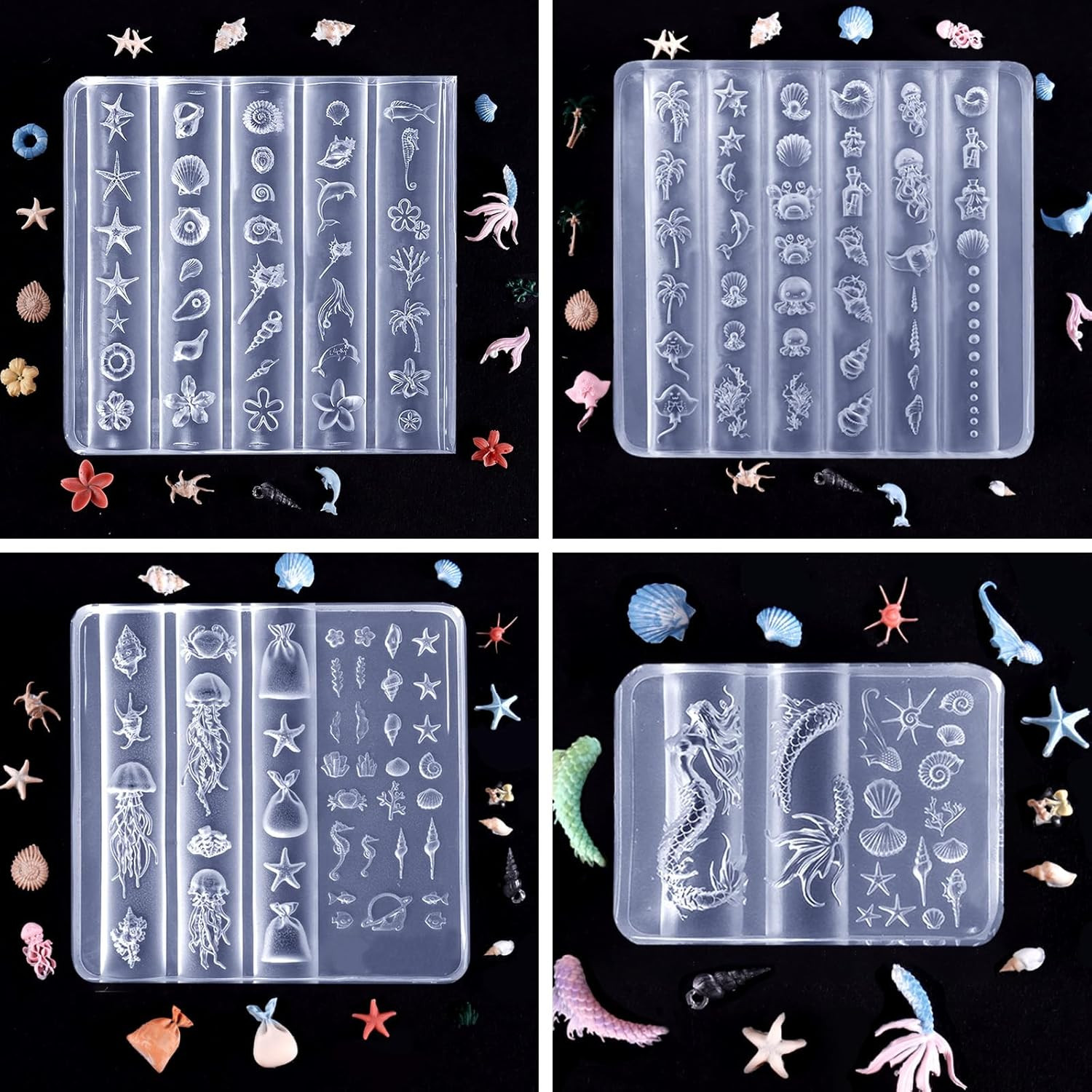 4Pcs Ocean Silicone Nail Art Molds, 3D Mermaid, Starfish, Seashell, Jellyfish Na