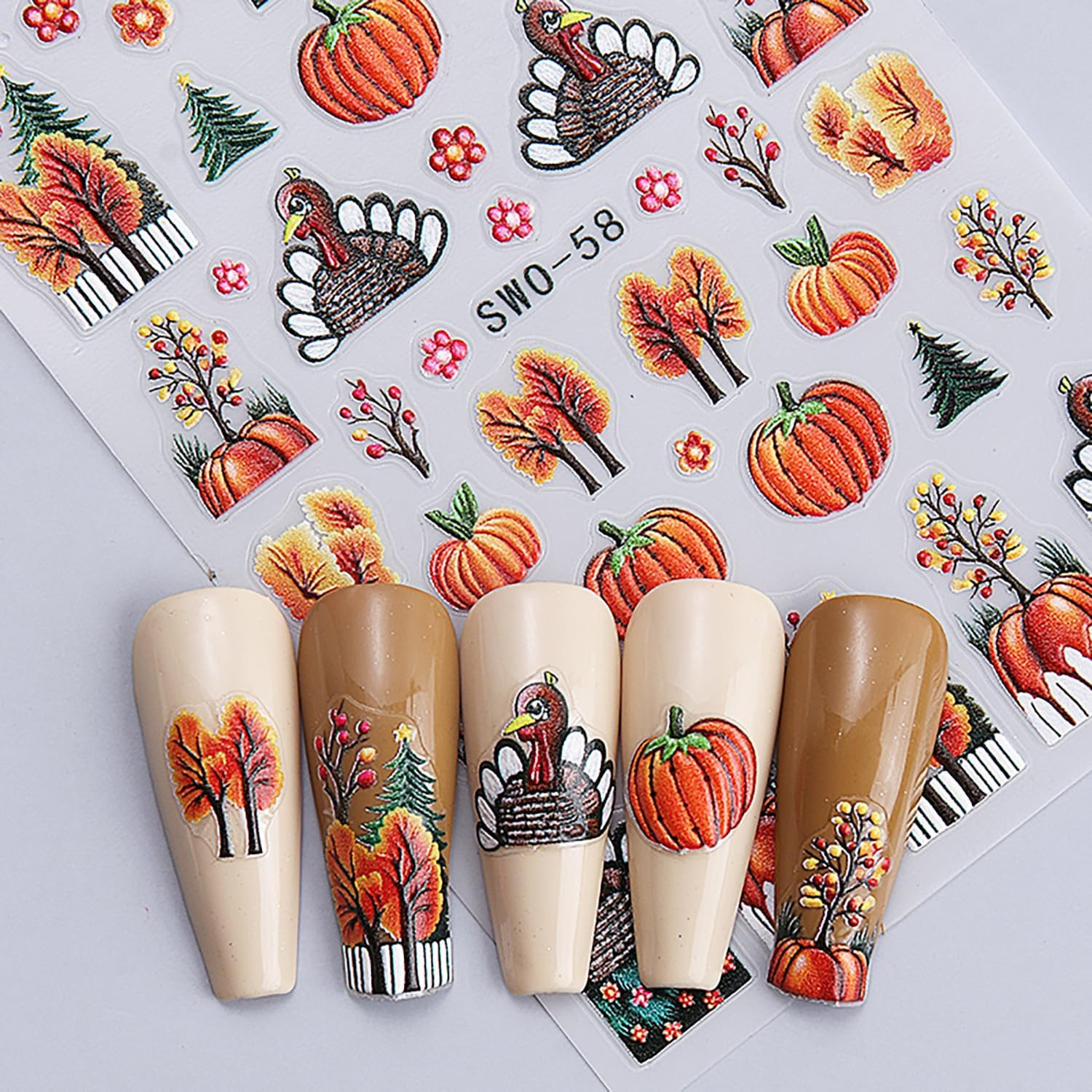 2 Sheets Thanksgiving Nail Stickers for Nail Art 5D Self-Adhesive Fall Nail Art