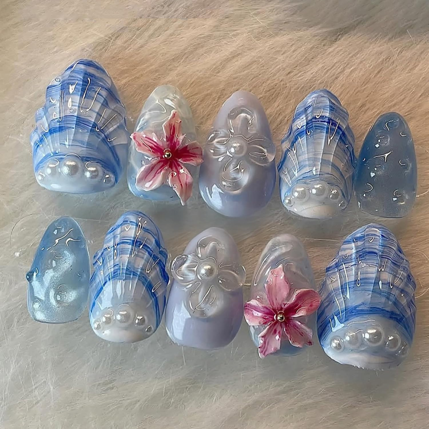 30Pcs Summer Beach Press on Nails Short Almond Fake Nails 3D Shell Starfish ＆Gol