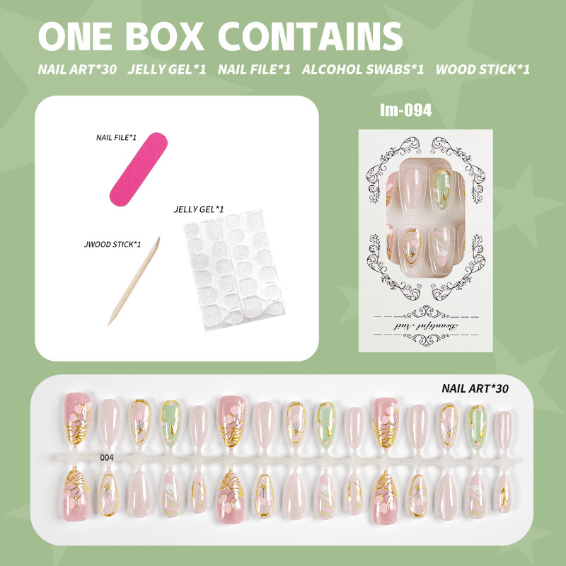60pcs Almond Press on Nails, Pink Green Gold Line Cherry Blossom Glitter Nails