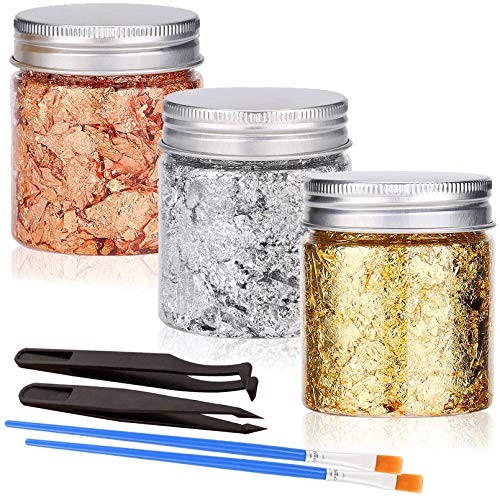 Gold Foil Flakes with Tweezers and Brush, 3 Colors Imitation Gold 3color-9g