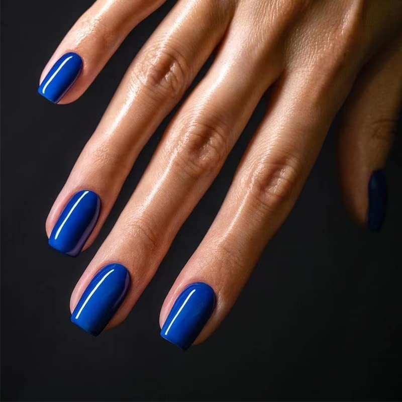 Royal Blue Press on Nails Short Square Fake Nails Glossy Chrome Medium Style 2