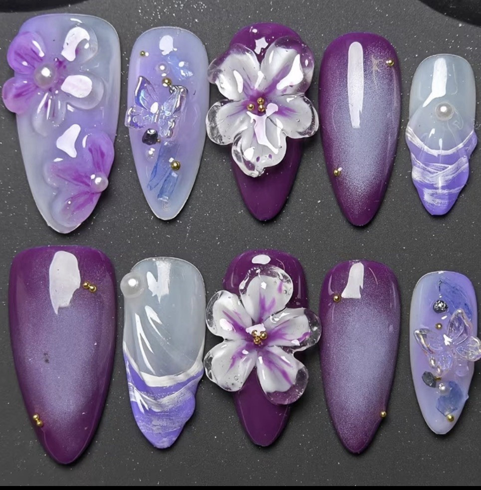 3D Shiny Floral Press-On Nails Set, Long Almond Full Cover Acrylic Purple White