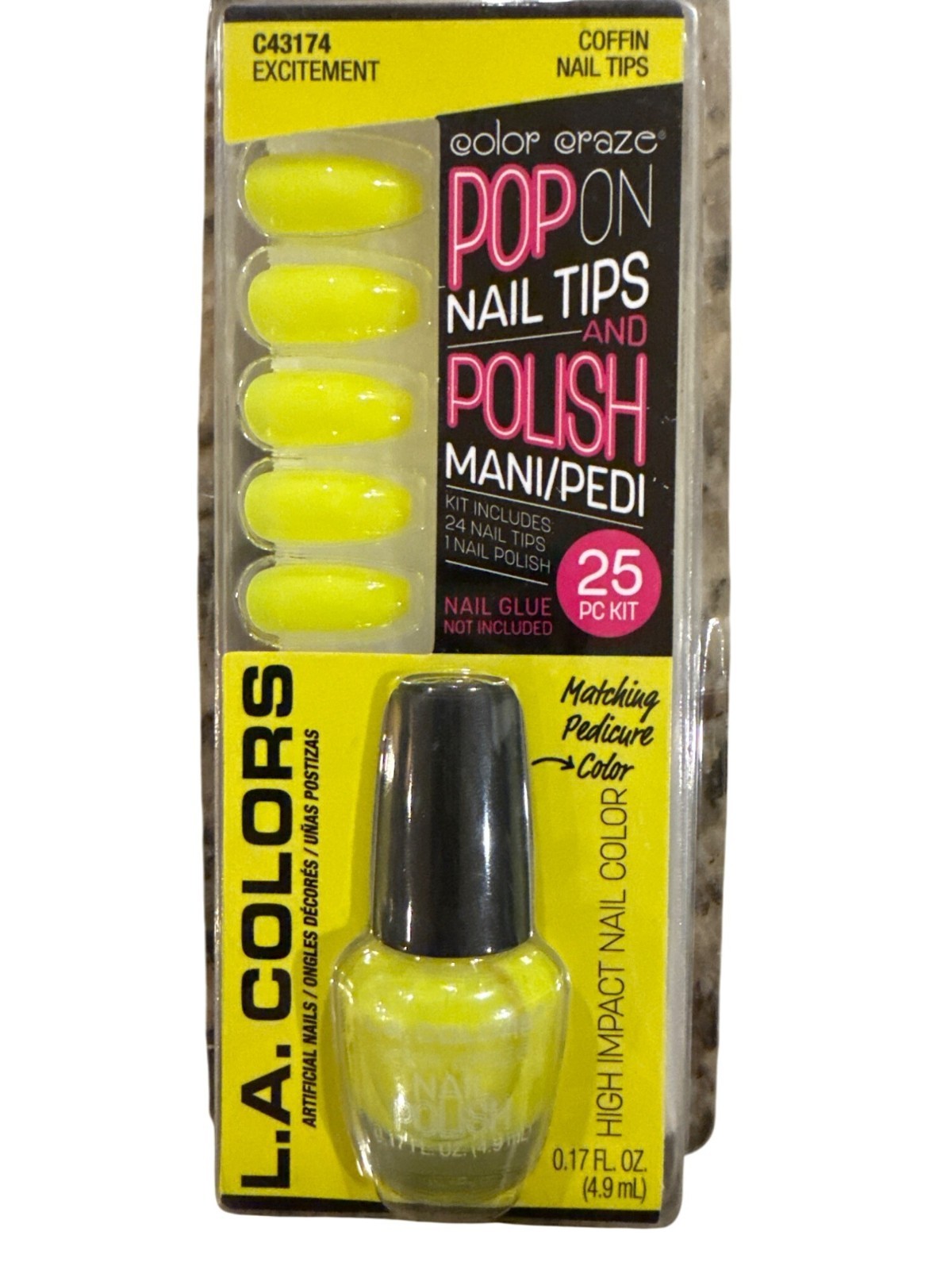 L.A. Colors 24 POP ON NAIL KITS & POLISH EXCITEMENT Long Almond Glossy Yellow