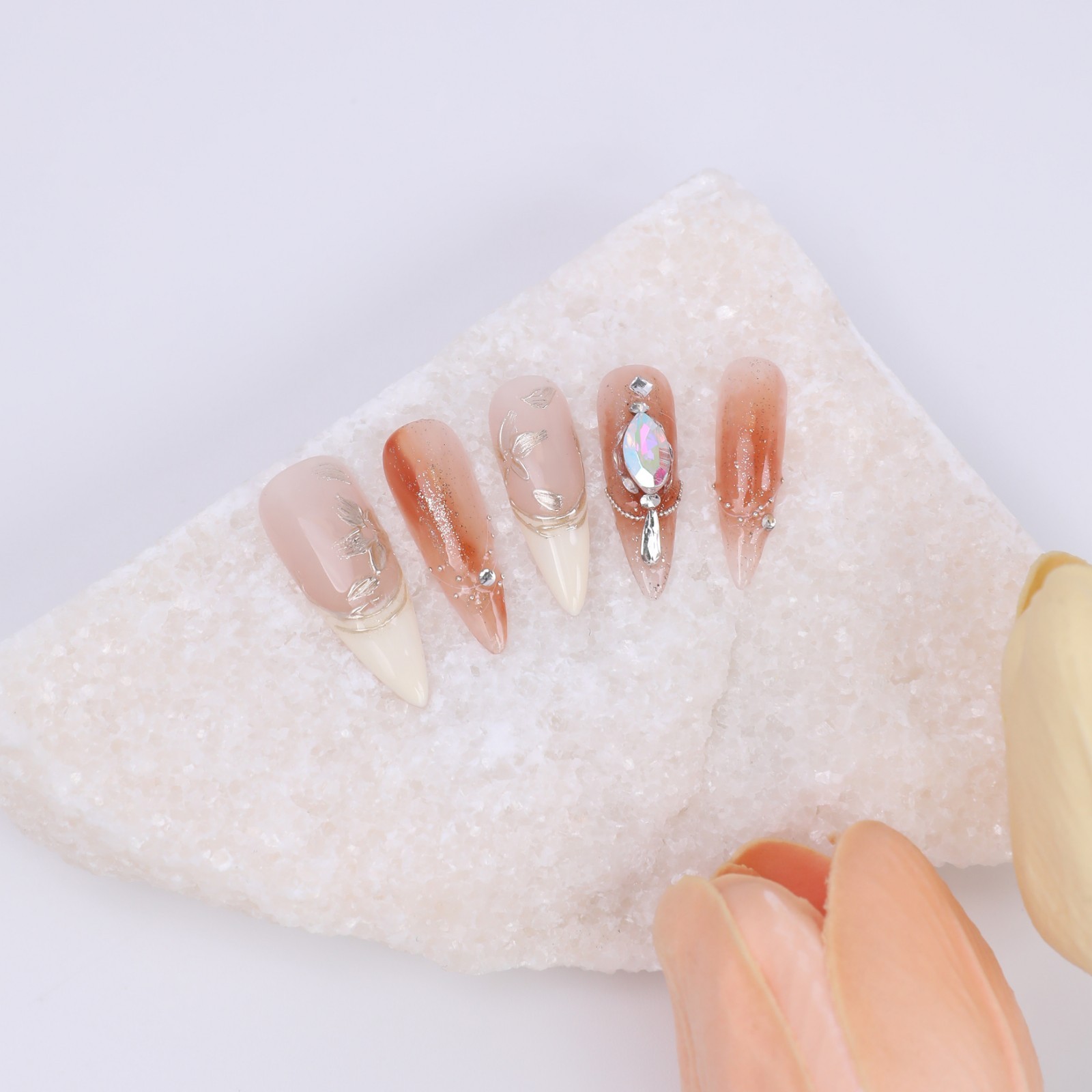 Honey Tea Pink Brown Ombre Press On Nails Medium Stiletto Gold Foil Rhinestone