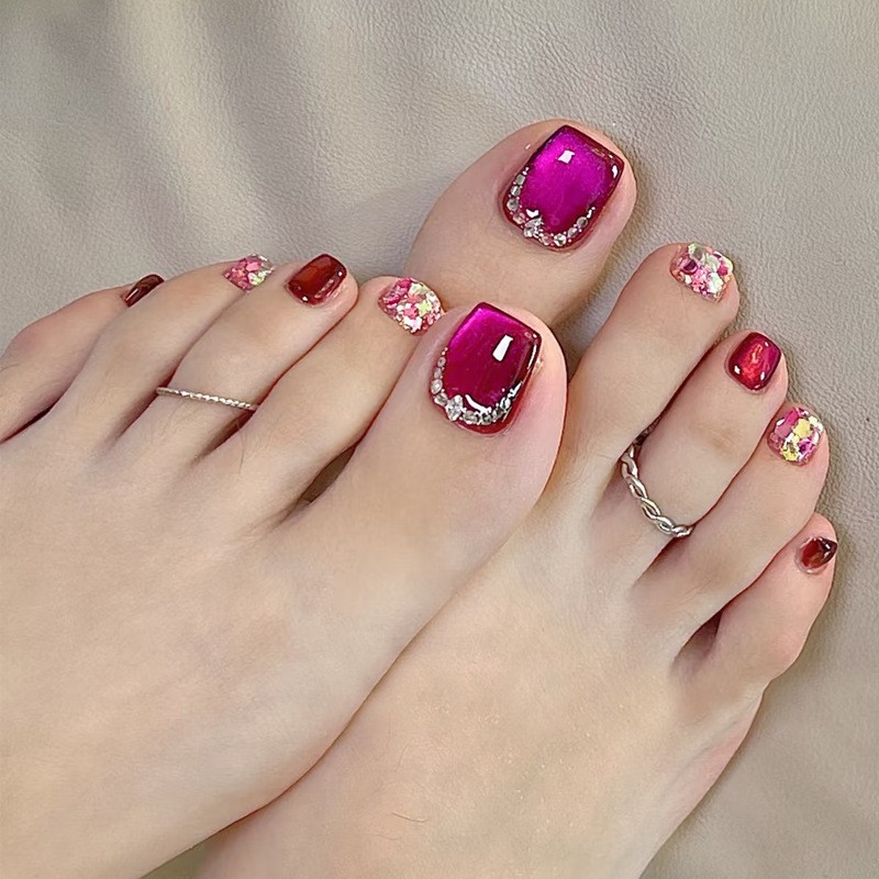 48pcs Short Square Toe Press on Nails, Fuchsia Clear Rhinestone Gloss Foot Nails