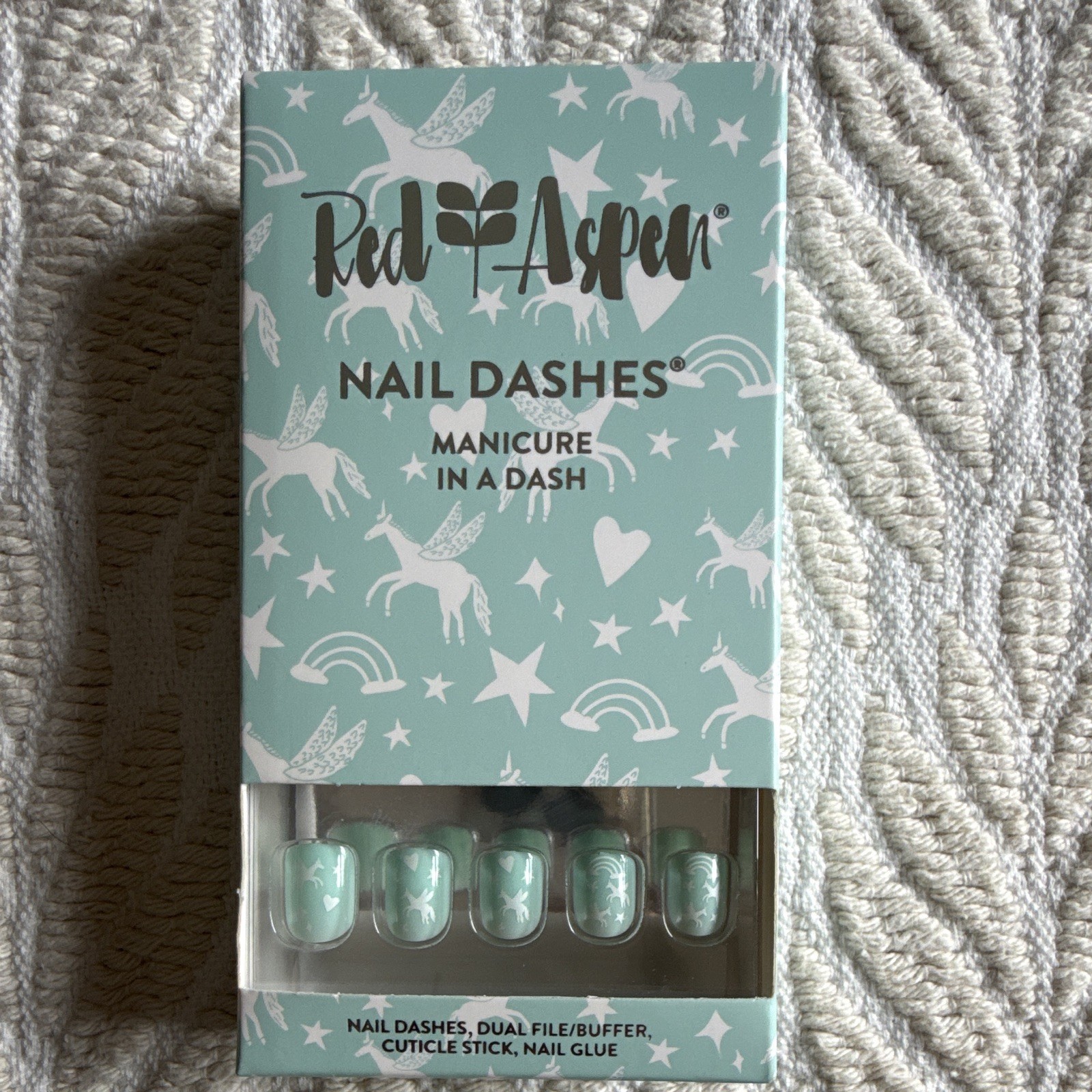 Red Aspen Nail Dashes Press-On Nails Speckled, Mint, Pink bunny Glue Included