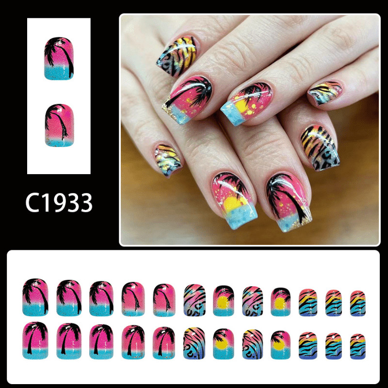 48P-Tropical Sunset Palm Tree Press on Nails Short Square Nail Art Set Handmade