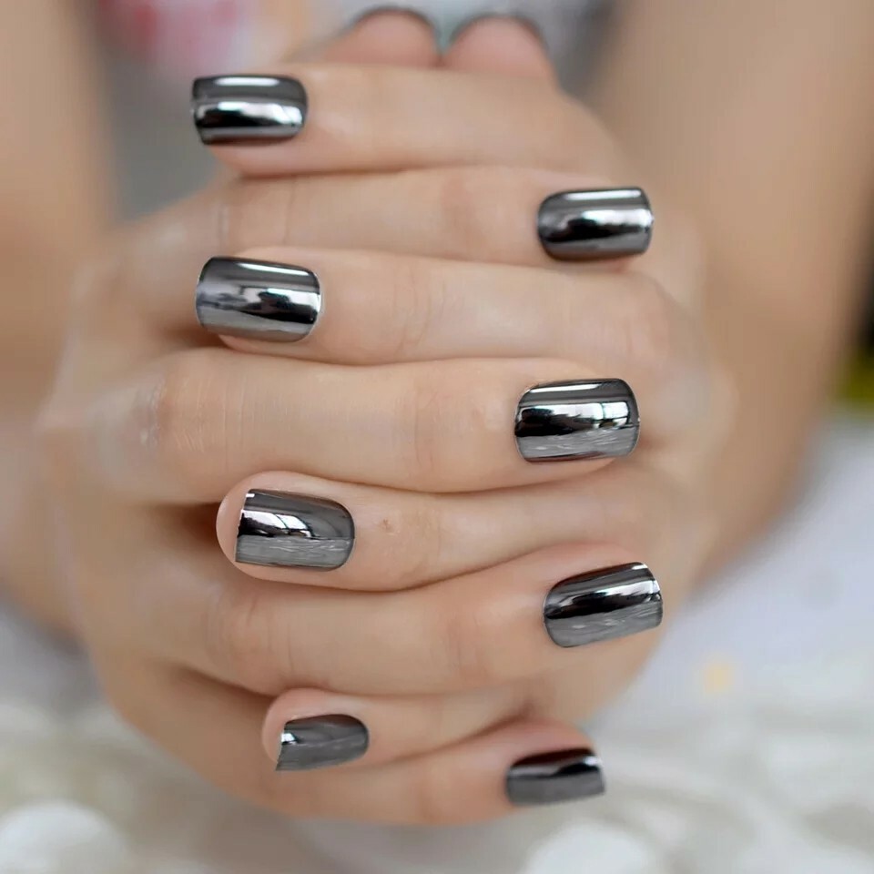 Gunmetal Gray Chrome Press On Nails Short Mirror Silver Dark