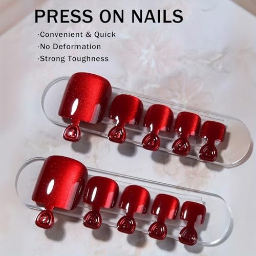 Cat Eye Dark Red Toe Press on Nails Short Square, Glitter cateye wine red