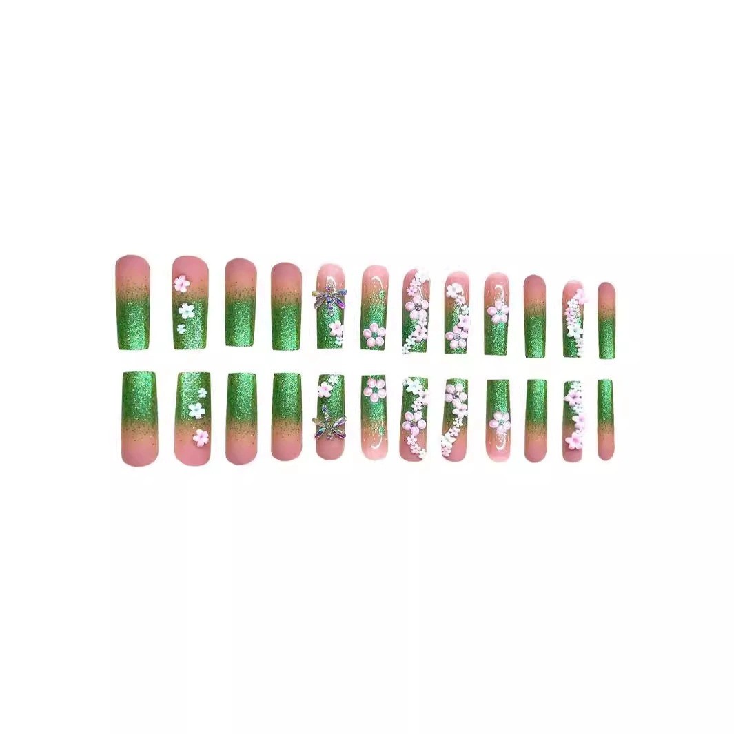 48Pcs Green Gradient Removable Press On Nails With Dragonfly Flower Toe