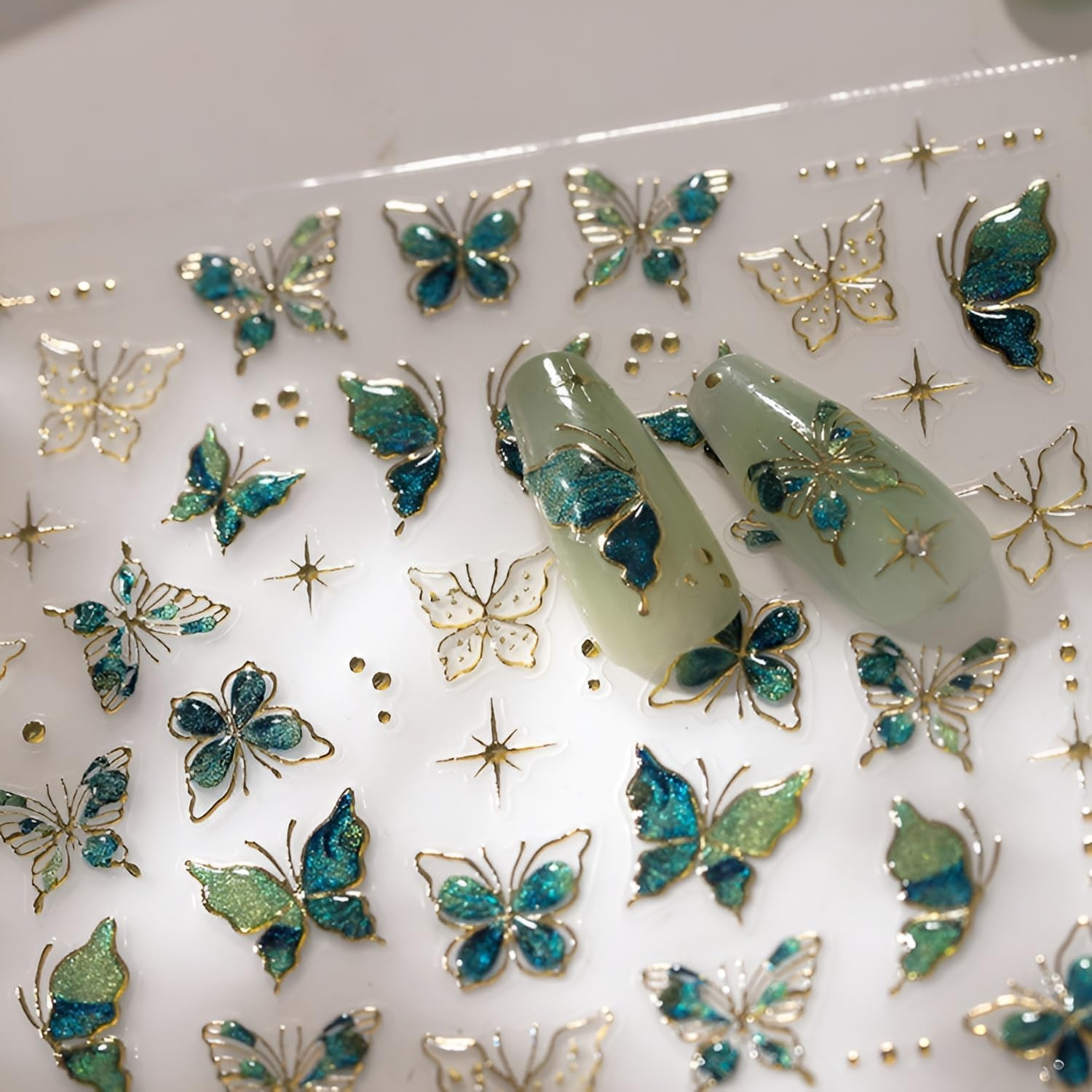 Green Butterfly Nail Stickers for Nail Art 5D Embossed Nail Decals Gold Butterfl