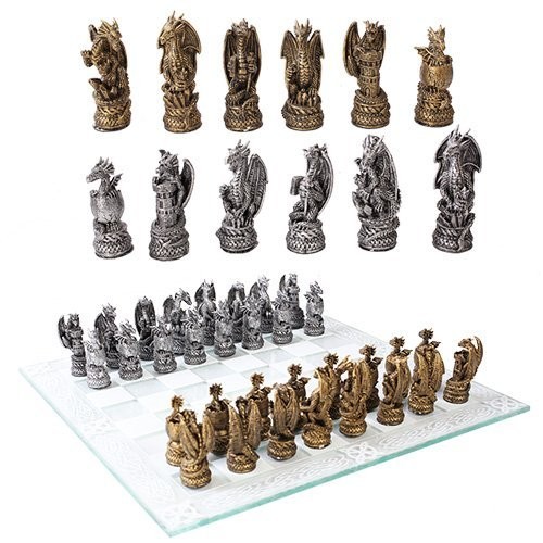 Ebros Mythical Fantasy Dragon Chess Set with Glass 43cm, Black and Silver