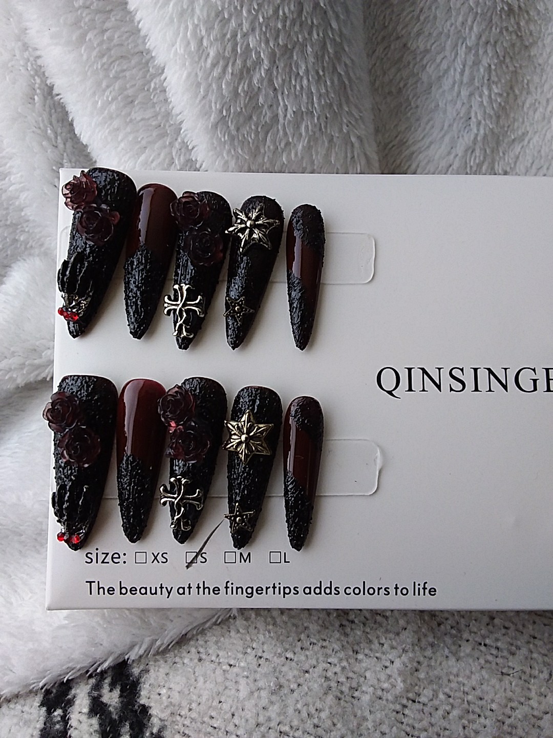 Qinsinge Dark Witch Press On Nails Witha Black Gothic Design And 3D Charms