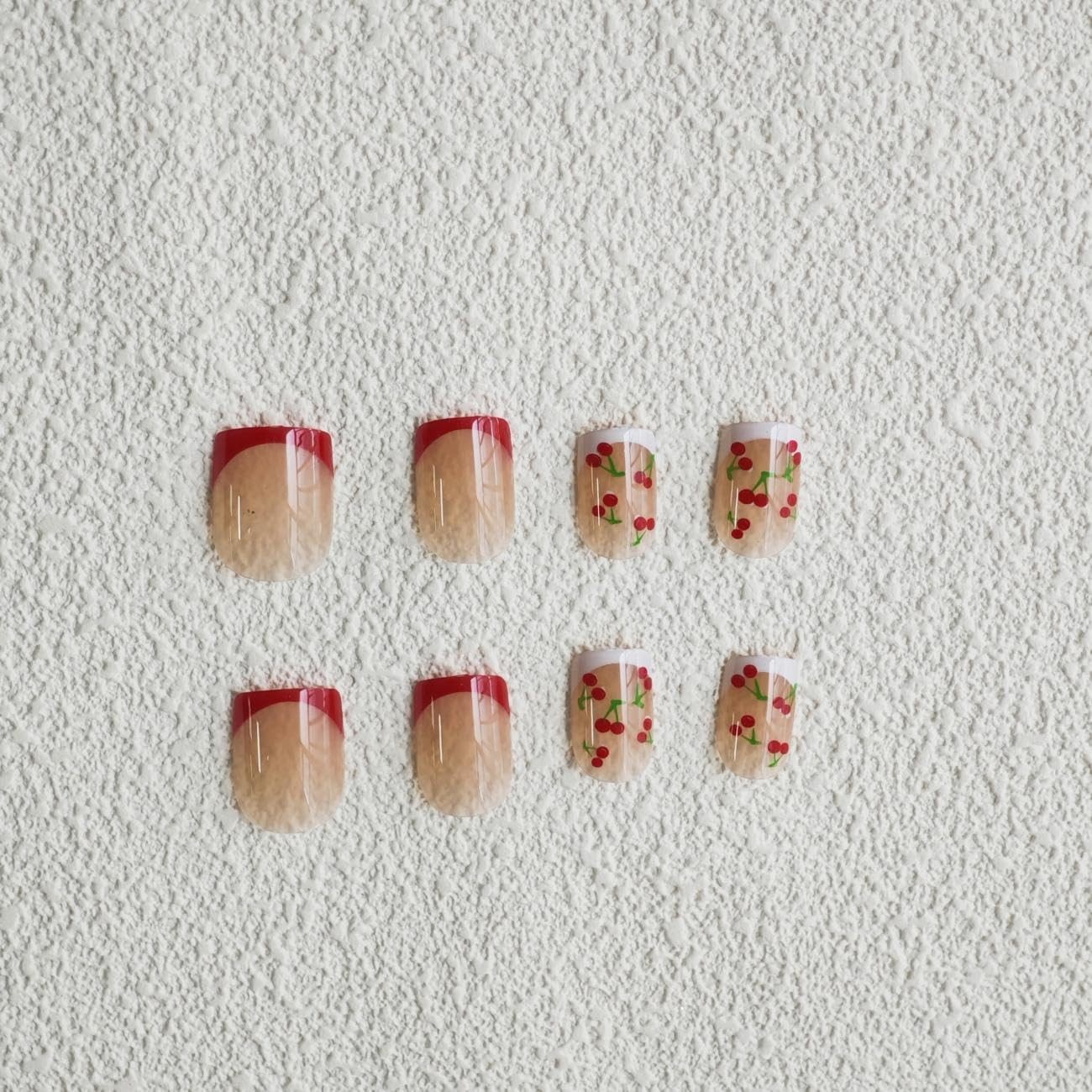 Cherry Press on Nails Short Square Fake Nude Glossy False Short, S07