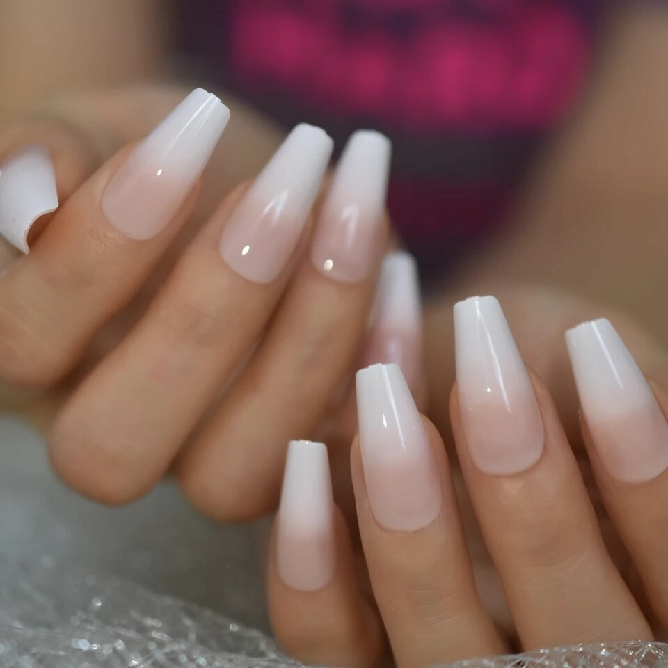 Press On Nails Long Coffin Ombre Pink French Tip Manicure Baby boomer