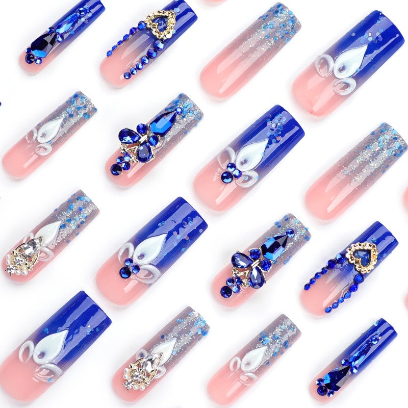 24pcs Luxury Bling Nails Press on Coffin with Blue Ombre and 3D Gem Accents