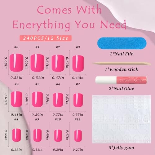 Square Press on Nails Short, 120Pcs Glossy Fake Nails Full Cover Hot Pink