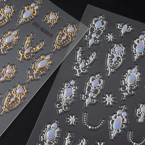 Baroque Nail Art Stickers 5D Embossed Gold Sliver Nail Decals Retro Style-4
