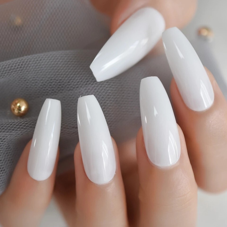 24 Milky white Press on nails kit glue extra long coffin