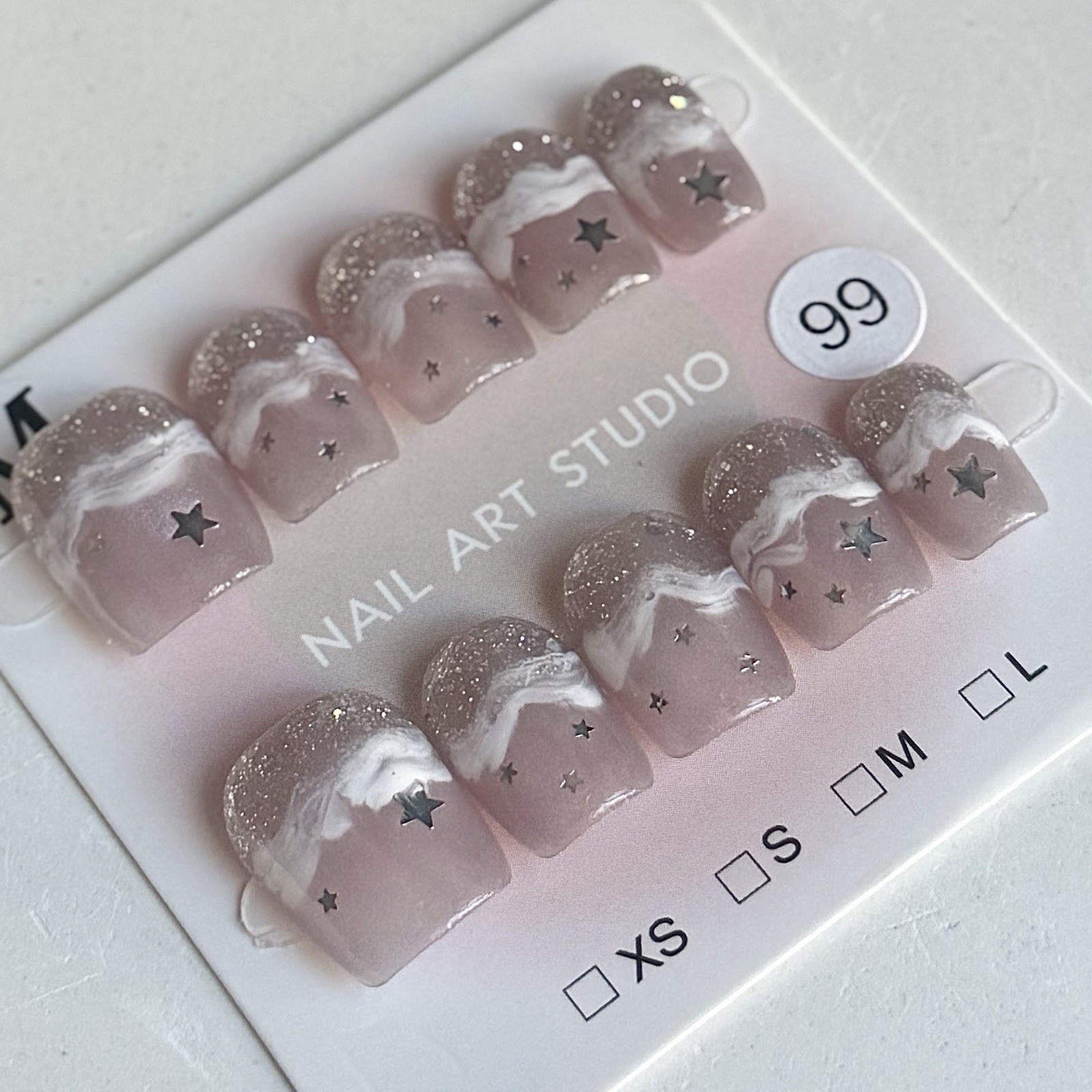 Handmade Pink White Ombre Press-On Nails Short Square Size M Reusable Fake Nails