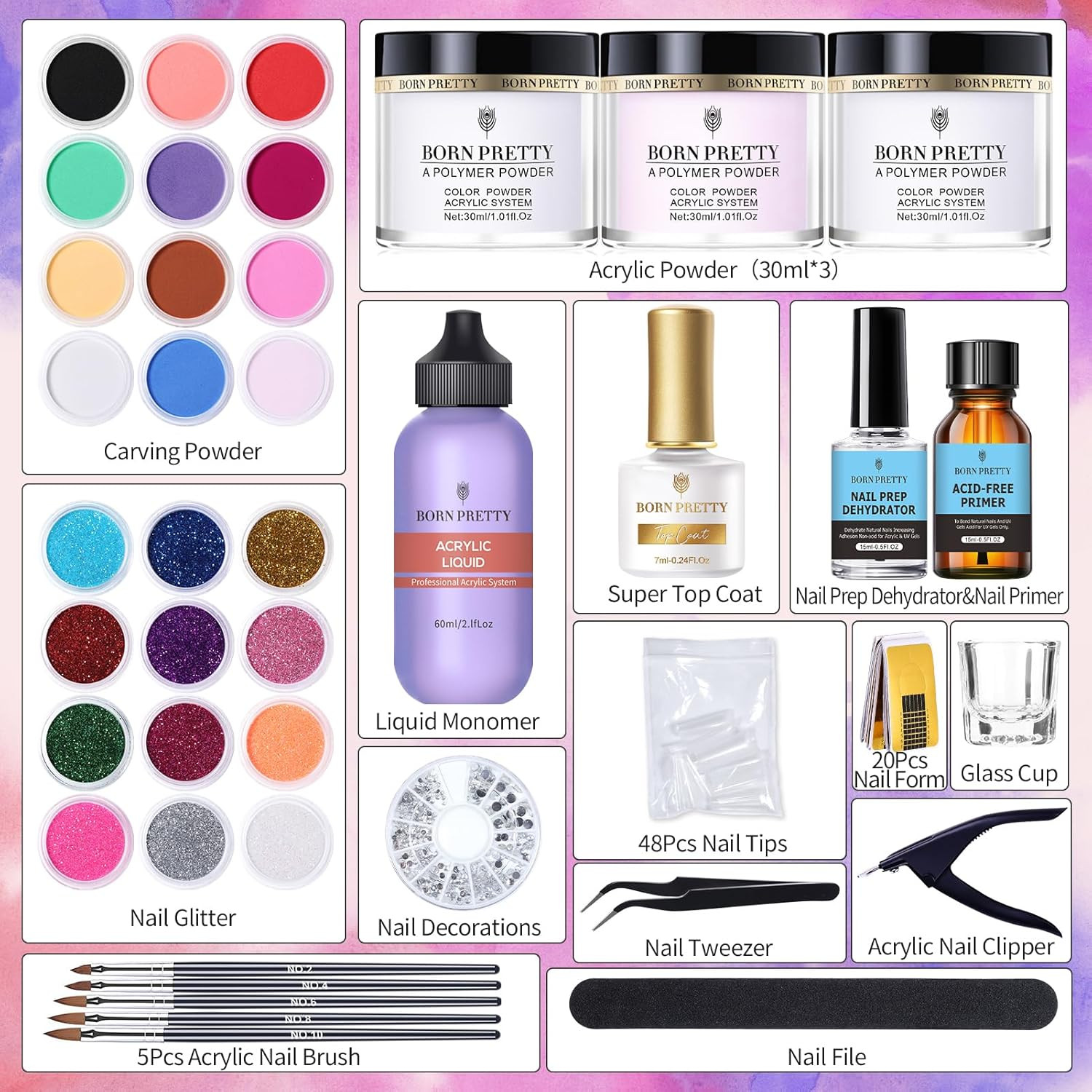 Acrylic Nail Kit with Everything ,96Pcs Acrylic Powder and Liquid Monomer Set wi