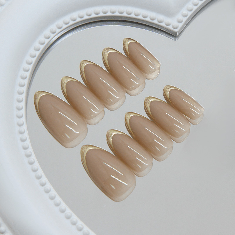 48Pcs Medium Almond Nails, Gold French Edge, Glitter, Luxury Daily Nails
