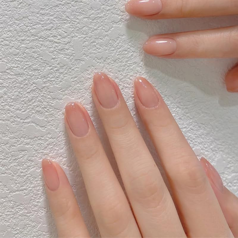 Nude Press on Nails Short Almond Fake Nails Glossy Ombre Press Ons with Designs