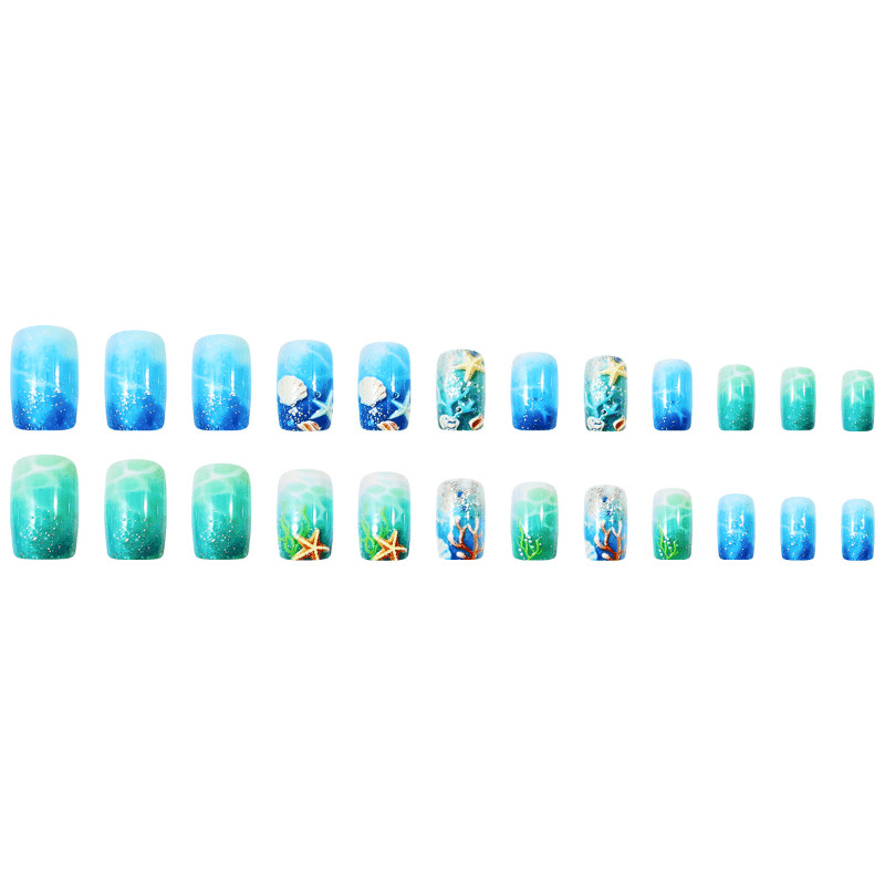 48Pcs Short Square Nails, Gradient Tone, 3D Shell Starfish, Beach Style