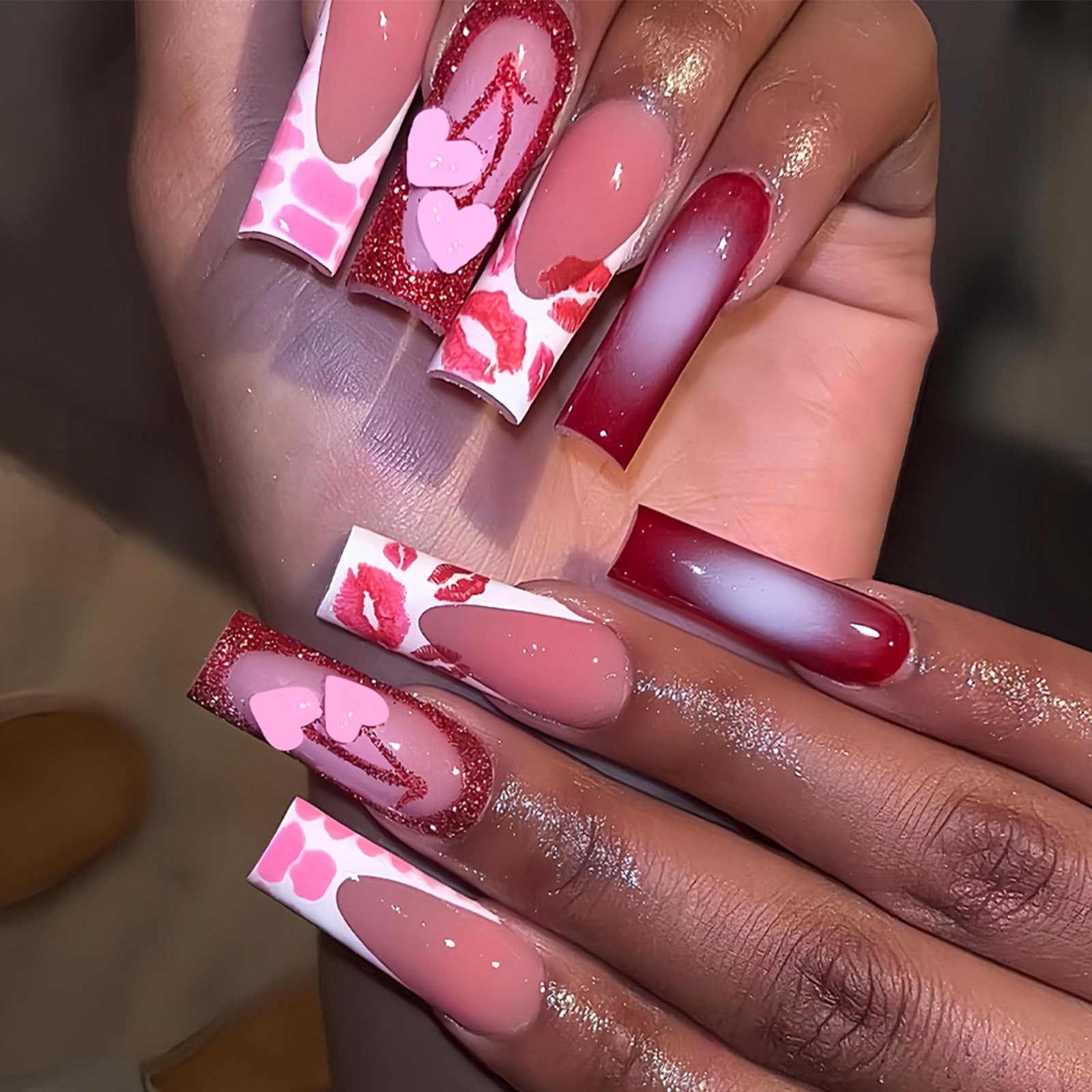 Long Press on Nails French Tip Square Fake Nails with Love Cherry Lip Print D…