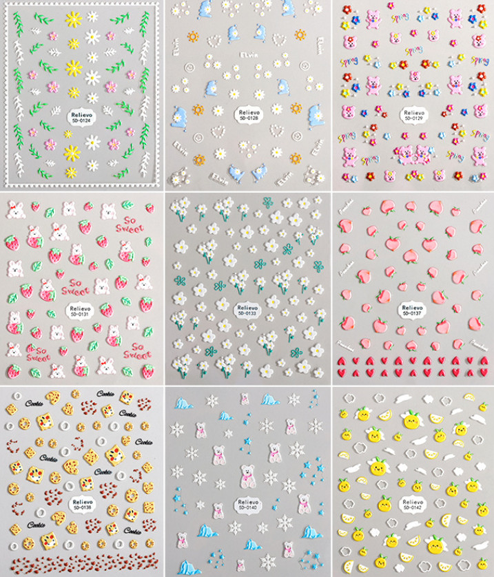 5D Embossed Petal Daisy Flower Heart Bear Snowflake Nail Stickers Manicure NS54