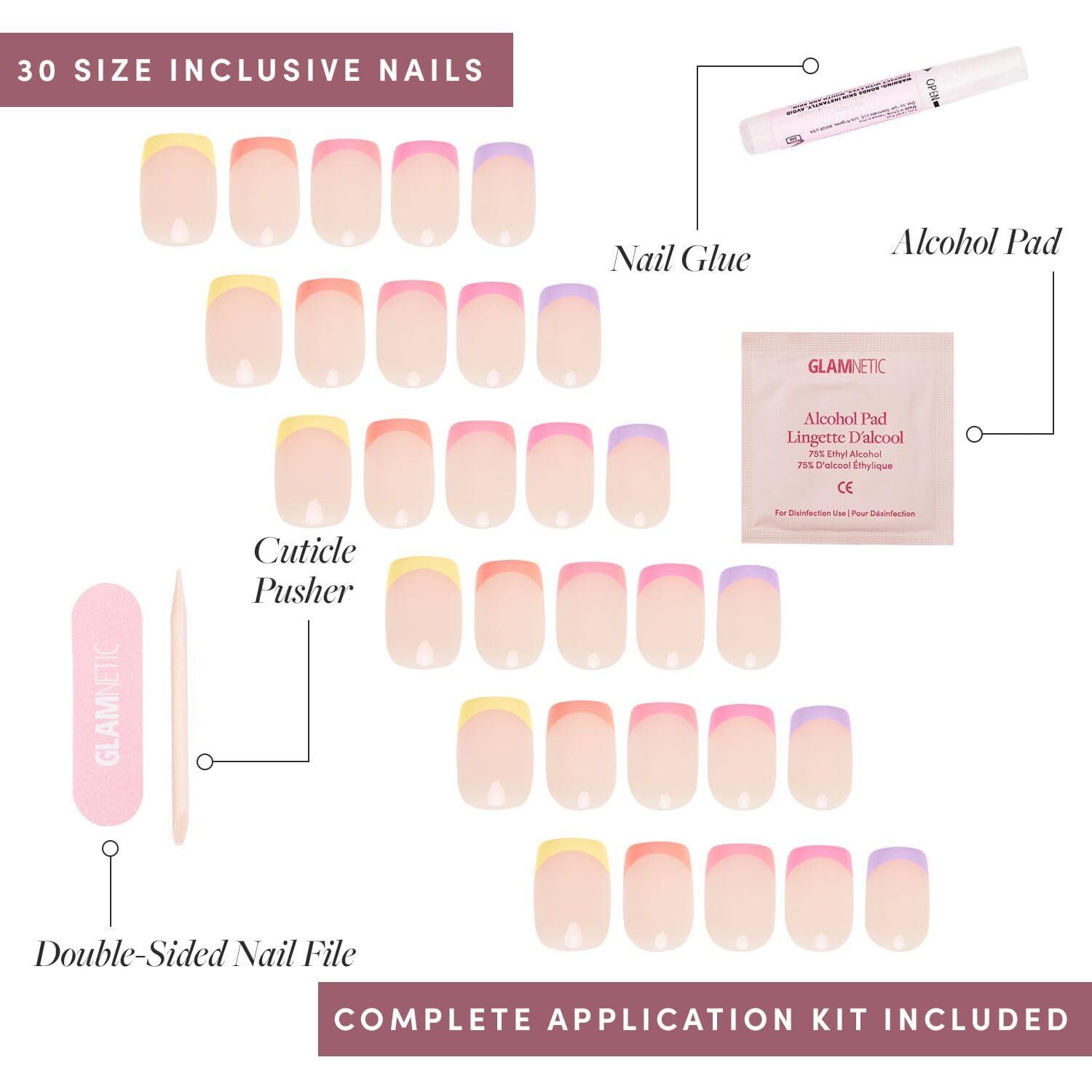Press On Nails Macarons Short Squoval Multicolored Pastel Tips Glossy 30Kit Glue