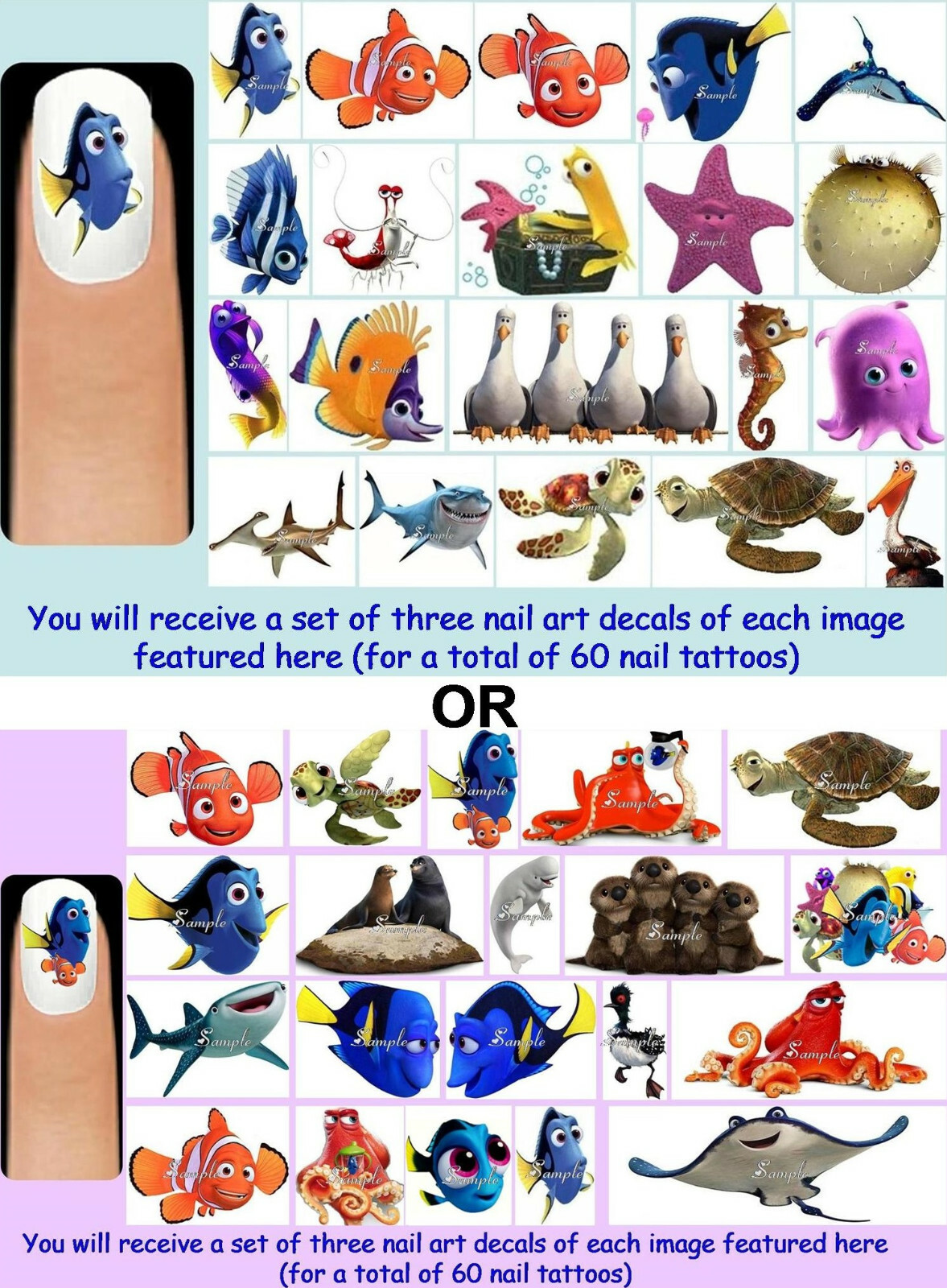 60x FINDING NEMO or DORY Nail Art Decals + Free Gems Marlin Octopus Hank Turtles
